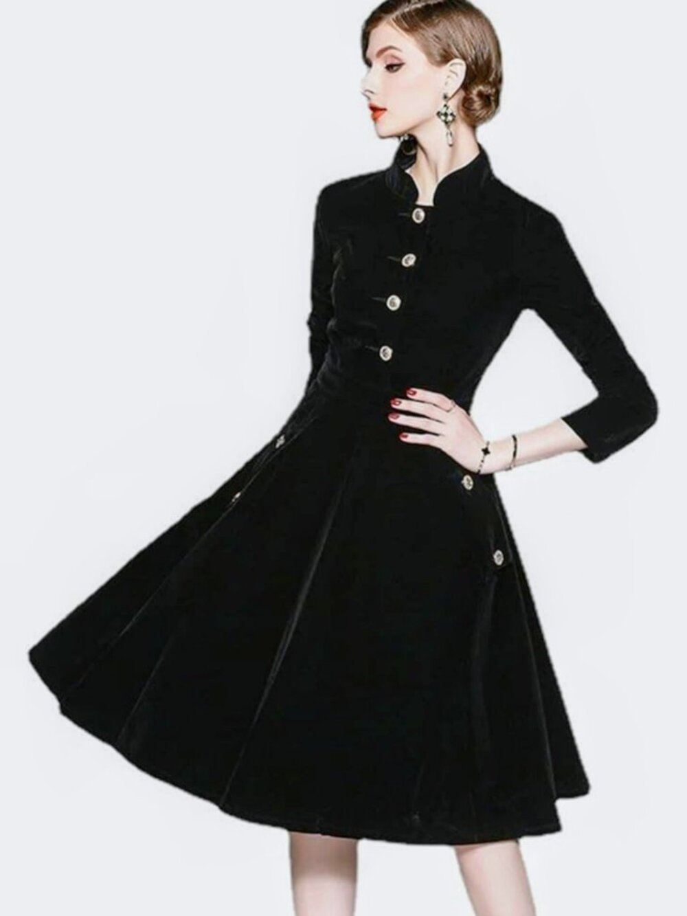 Feiinvan Black Velvet Fit and Flare Dress Gold Buttons Mandarin Collar S
